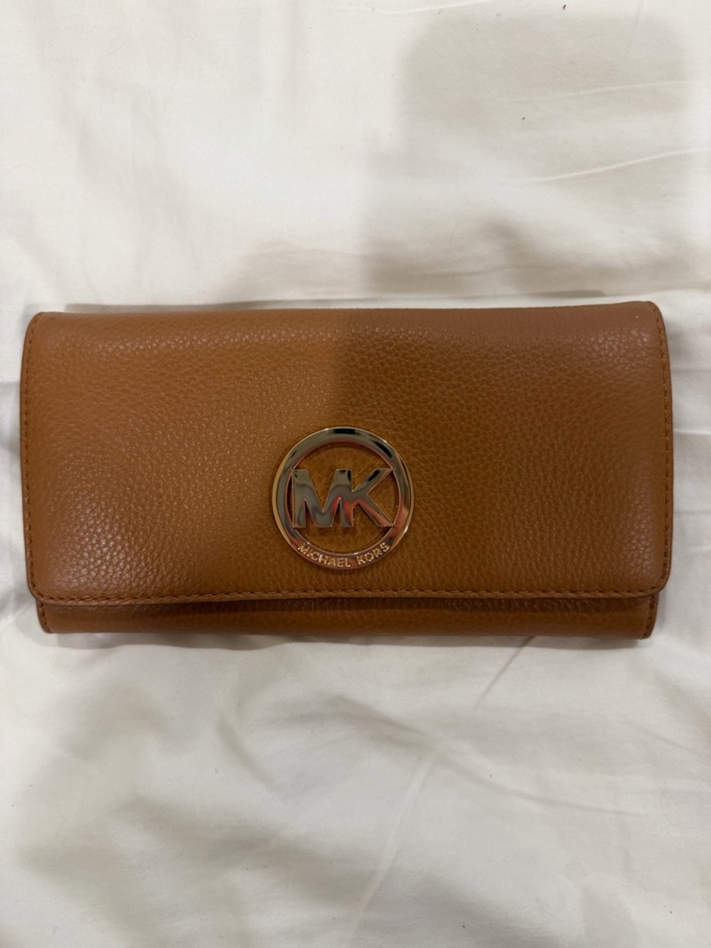 Michael Kors Tan Pebbled Leather Wallet with Gold MK Emblem